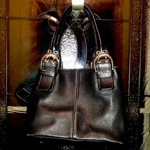 Exquisite Tignanello black leather designer handbag. Butterfly bucket bag!